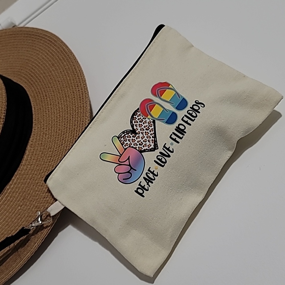 💕 Cosmetic bag "Peace, Love, flip-flops" canvas cosmetic wristlet bag